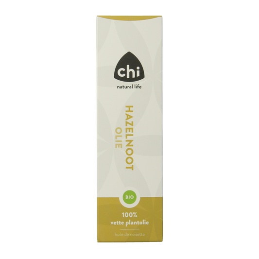 Chi Hazelnoot olie bio 100 ml, natural body care product with hazelnut oil in a clear bottle, natural and nourishing appearance.