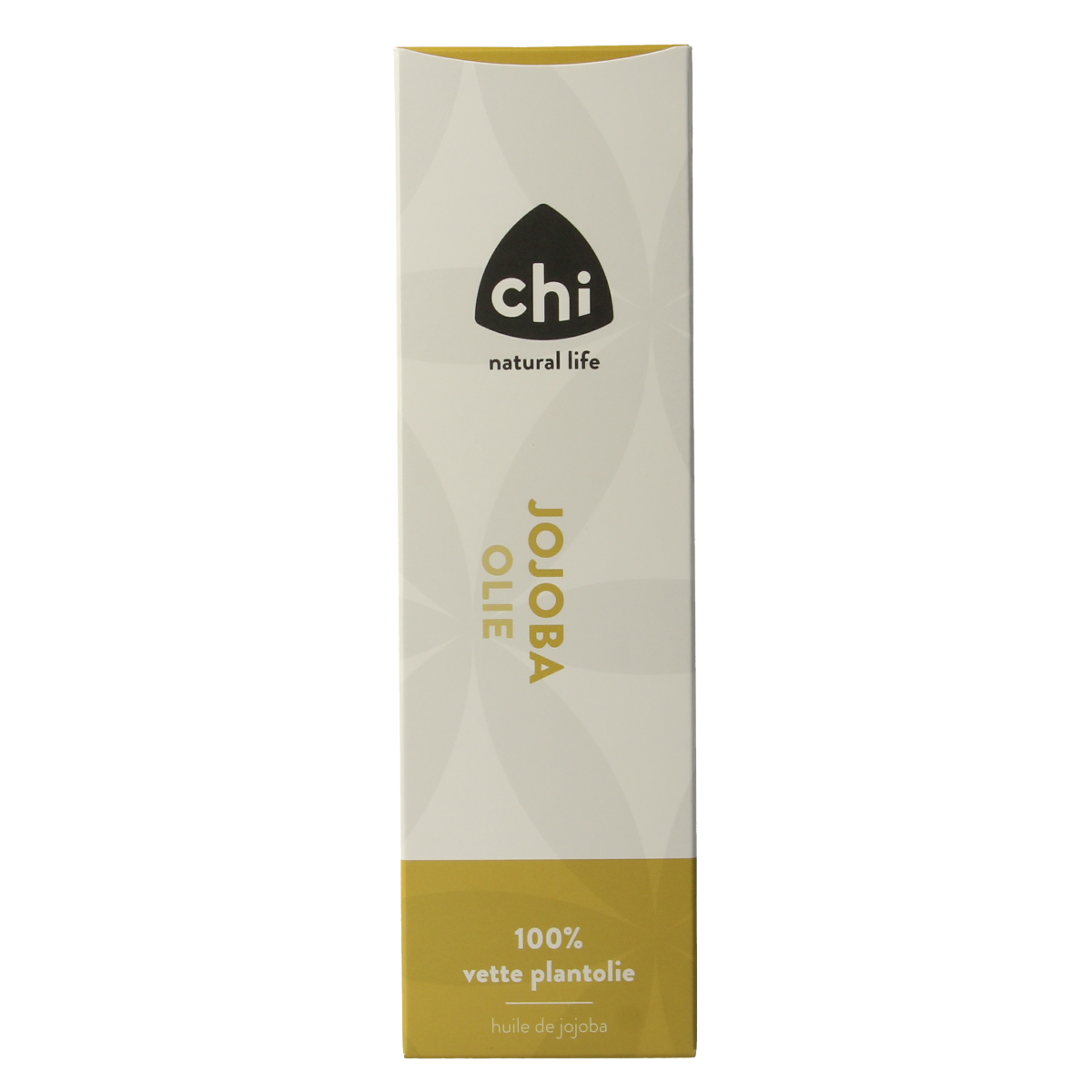 Chi Jojoba olie 100ml bottle for body care, featuring a clear container with the golden jojoba oil inside.