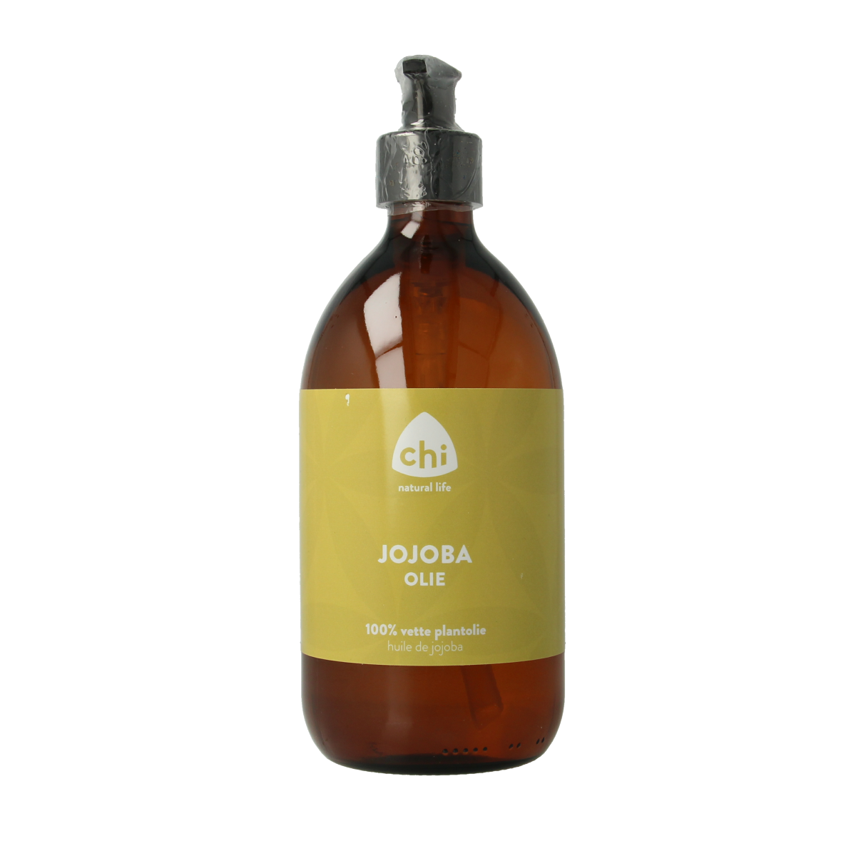 Chi Jojoba olie 500ml bottle for body care, featuring a clear container with a golden-colored jojoba oil inside.