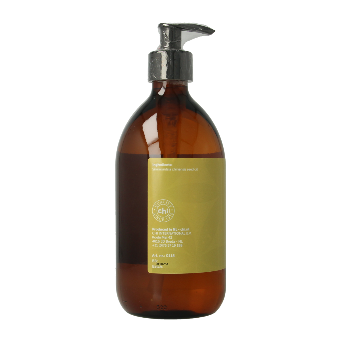 Chi Jojoba olie 500ml in a clear bottle, ideal for body skincare, with golden oil visible inside and a simple label.