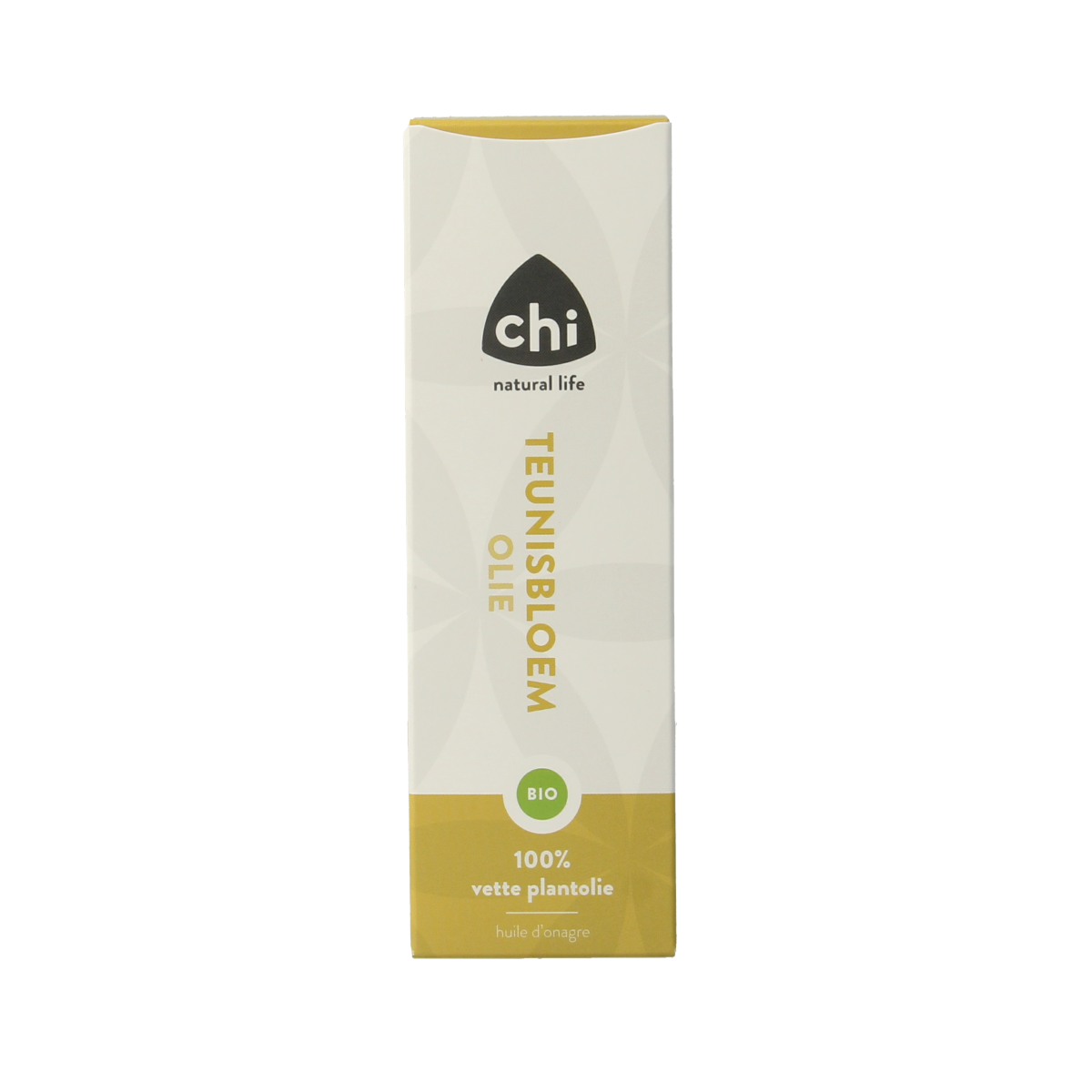 Organic Chi Teunisbloem olie in 50ml bottle, natural body care product for skin nourishment, with a clear view of the bottle and label.