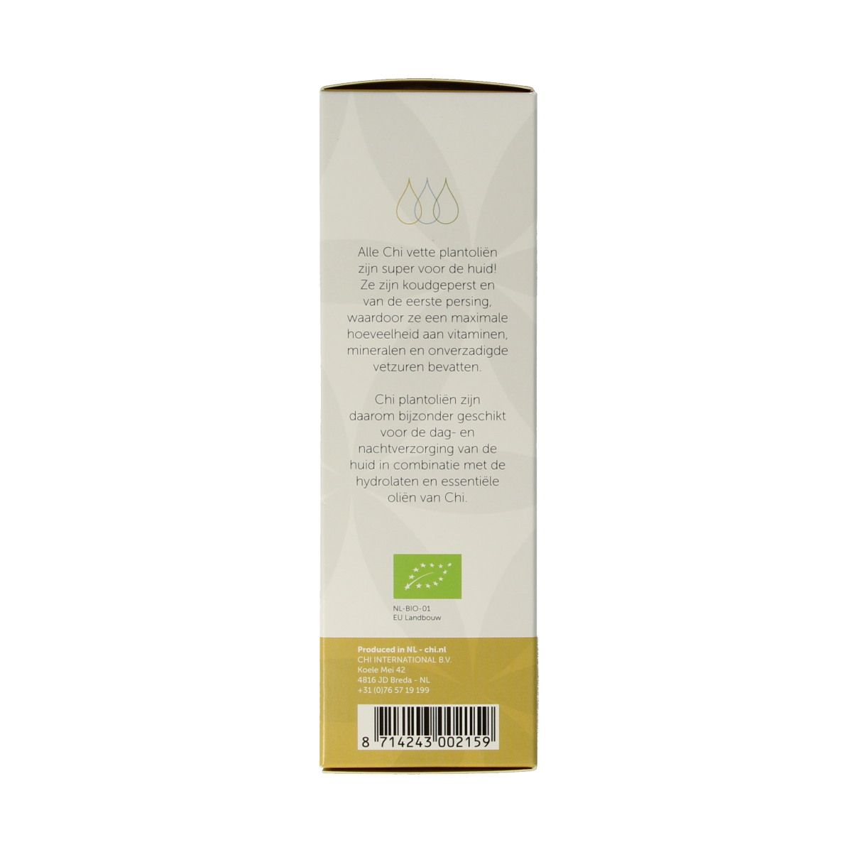 Organic Chi Teunisbloem olie in 50ml bottle, natural body care product with a clear label and dropper cap.