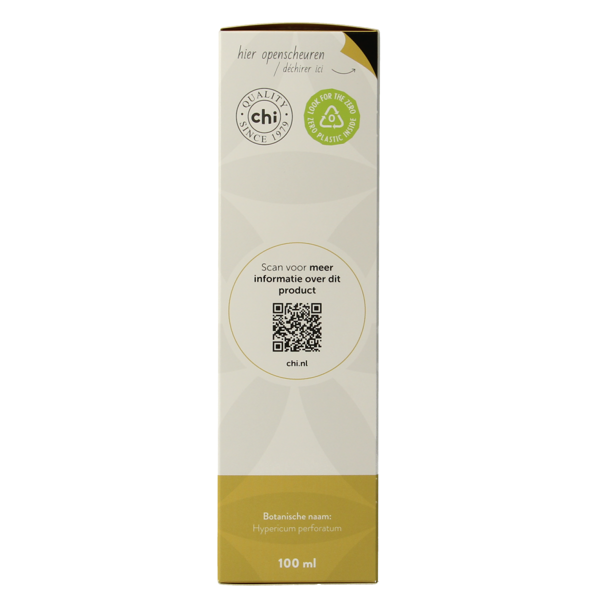 Chi Sint Janskruid maceraat bio in 100ml bottle, natural herbal body care product with amber liquid in a brown glass bottle.