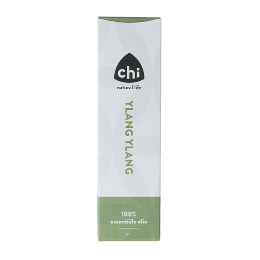 Chi Ylang Ylang essential oil bottle in 10ml glass container with a white cap, labeled with product and brand details.