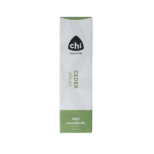 Chi Cedar Atlas wild essential oil bottle, 10ml, with amber glass container and label showing product details.