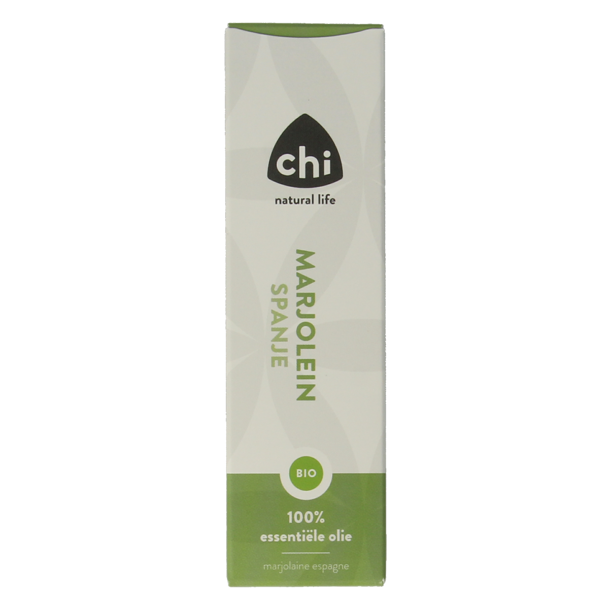 Chi Marjolein Spaans organic essential oil in a 10ml bottle, featuring a clear glass container with a black cap and white label.