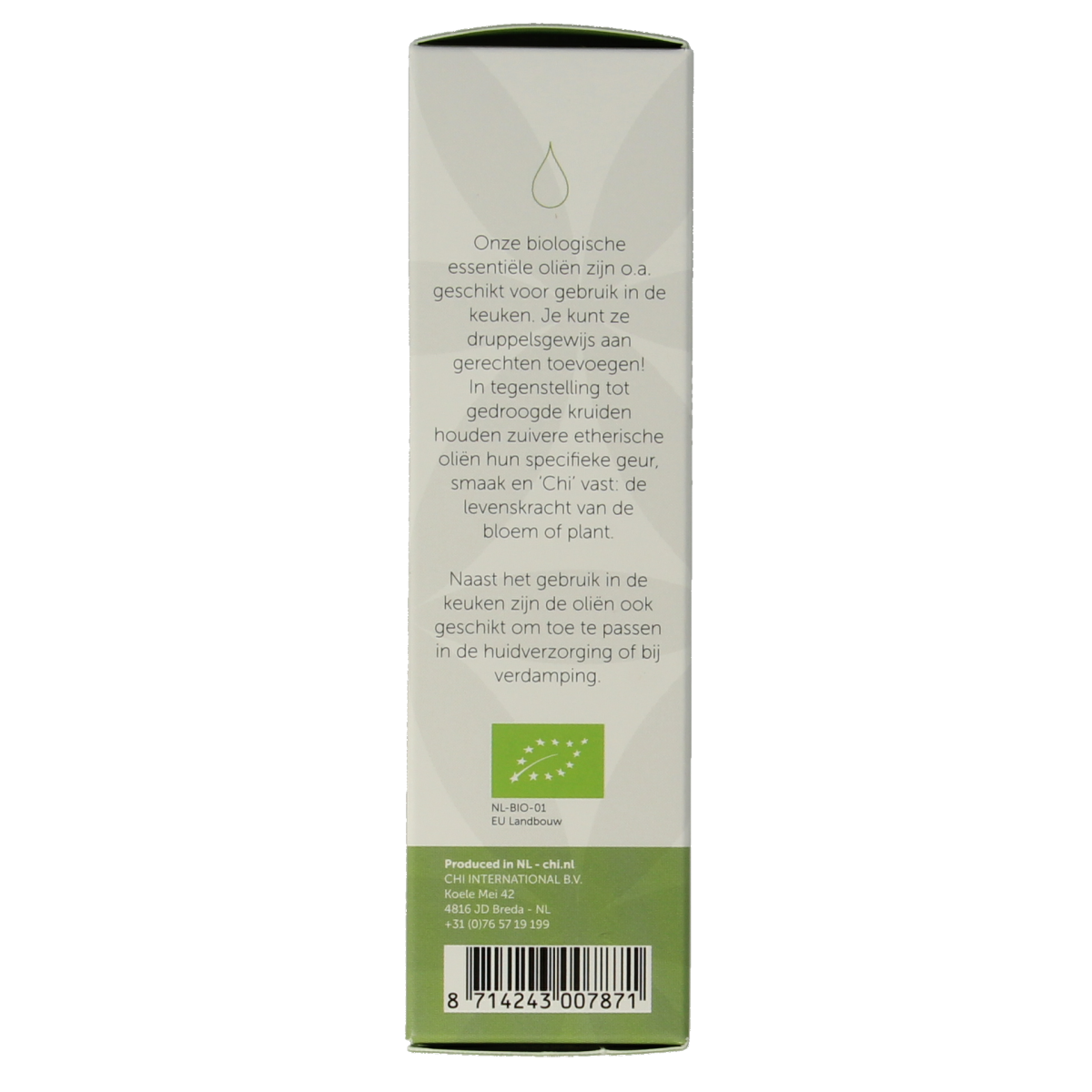 Chi Marjolein Spaans organic essential oil bottle, 10ml, showing the product label and amber glass container.