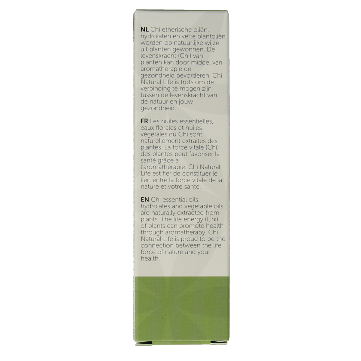 Chi Marjolein Spaans organic essential oil bottle, 10ml, with a clear label showing product details and branding.