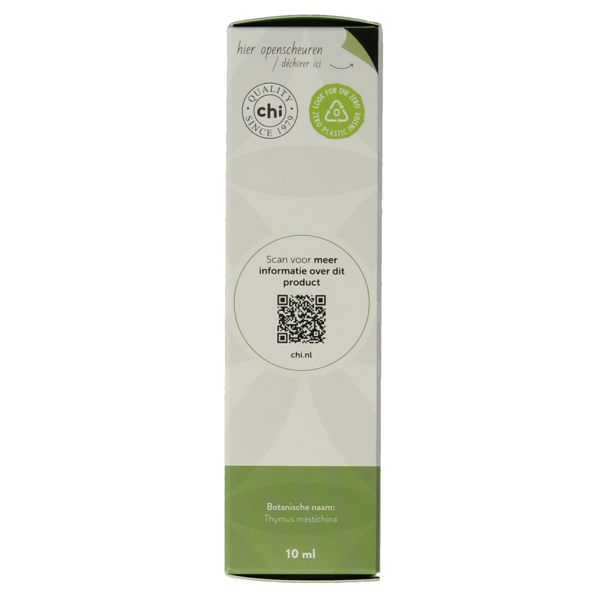Chi Marjolein Spaans organic essential oil in a 10ml bottle, featuring a clear glass container with a white cap.