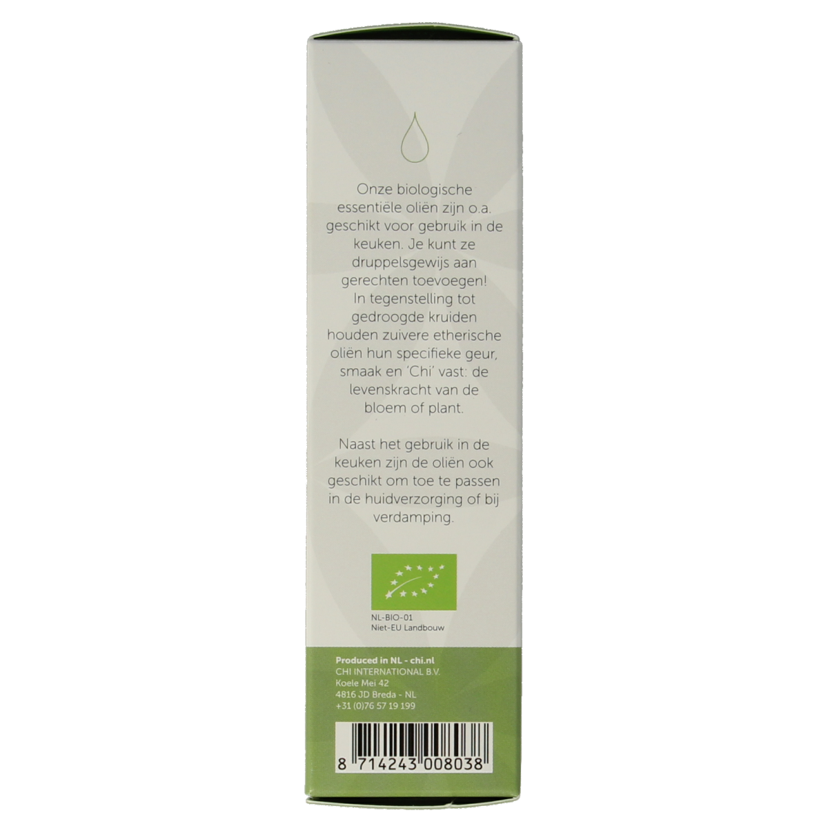 Chi Marjolein organic essential oil bottle, 10ml, featuring a clear glass container and white label with green accents.
