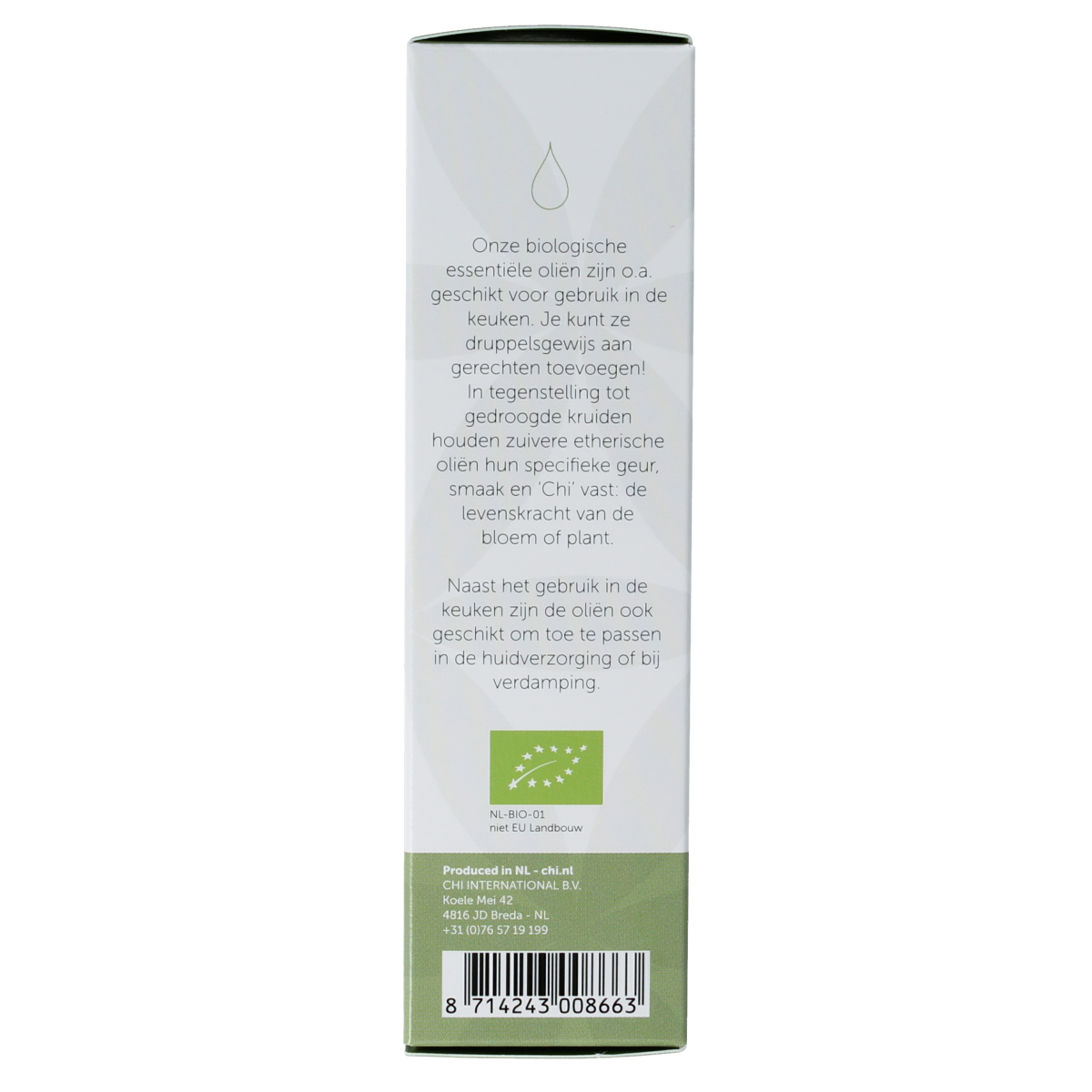 Chi Petitgrain Frans organic essential oil in a 10ml bottle, showcasing a clear glass container with a white cap.