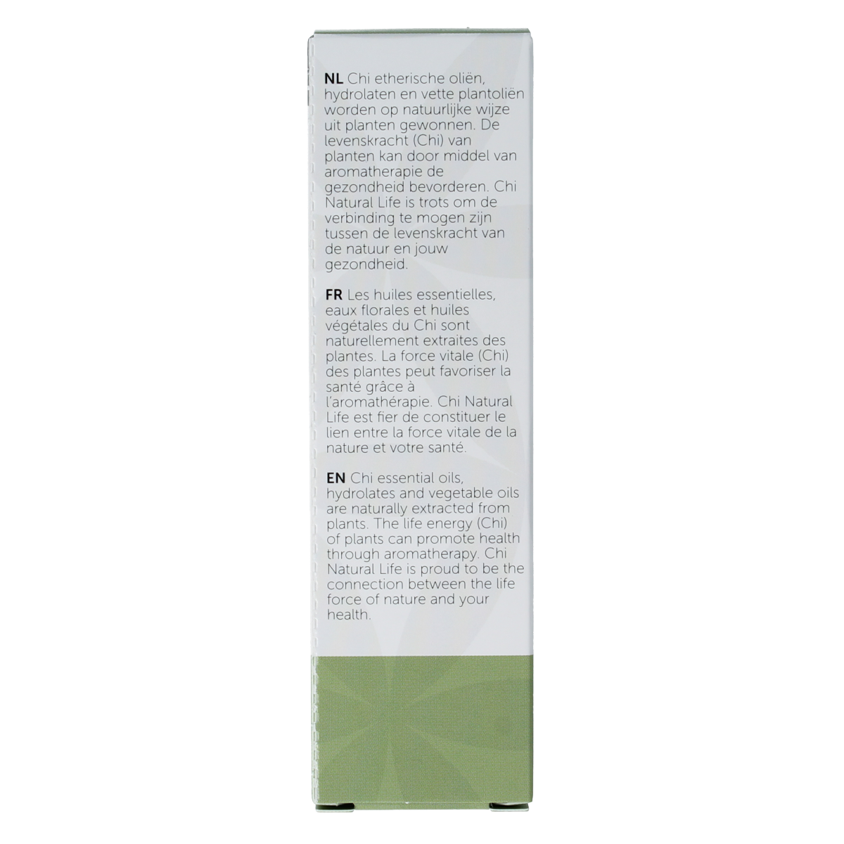 Chi Petitgrain Frans organic essential oil in 10ml bottle, natural green liquid in clear glass container.
