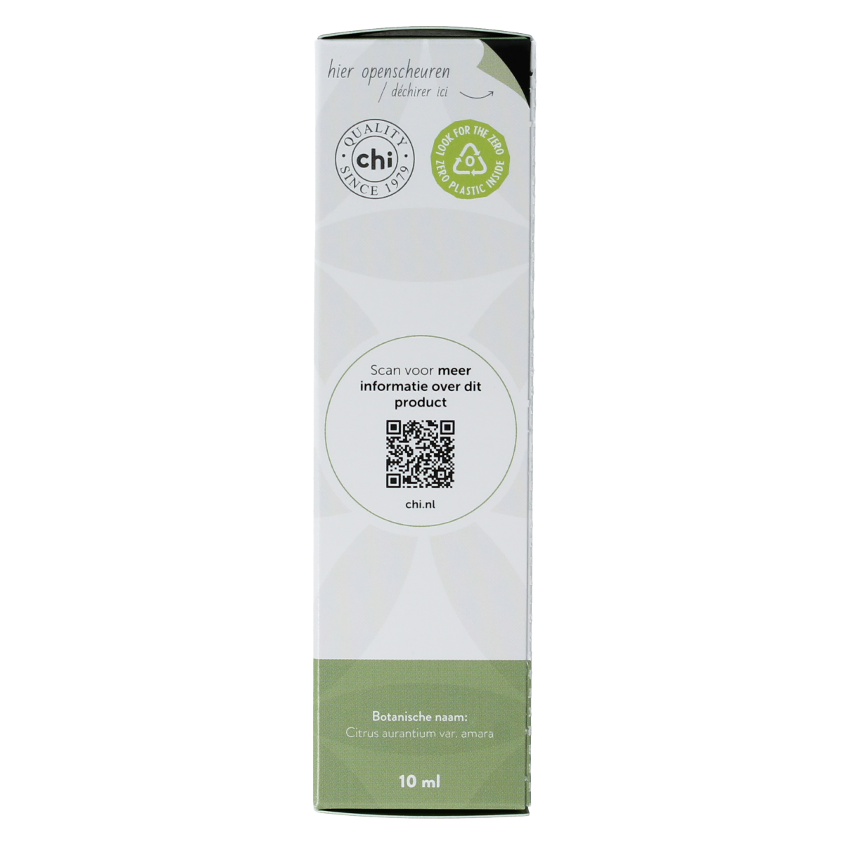 Chi Petitgrain Frans organic essential oil in a 10ml bottle, showcasing the amber glass container and product label.