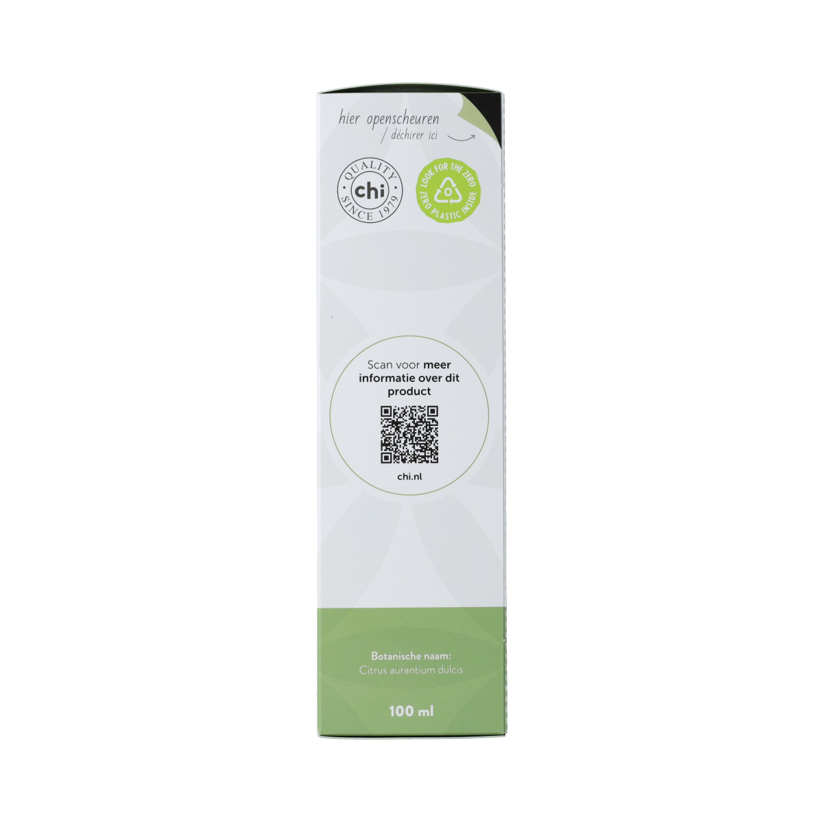 Chi Sinaasappel zoete cultivar etherische olie in 100ml bottle, orange-scented essential oil with vibrant orange peel images.