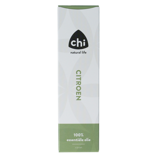 Chi Citroen essential oil in a 10ml bottle, showcasing bright yellow citrus slices and fresh lemon peels.