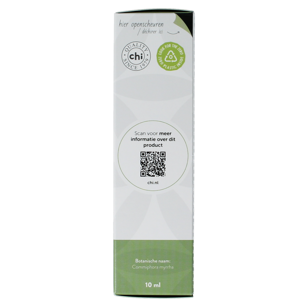 Chi Mirre wild essential oil bottle, 10ml, with a dark glass container and label showing product details and brand name.