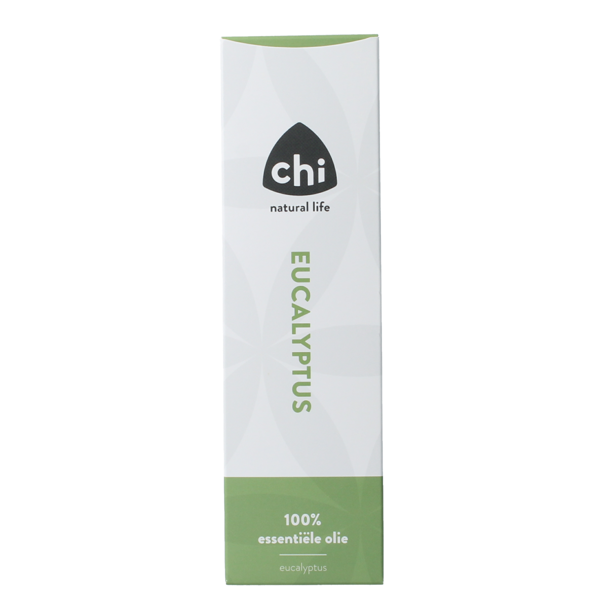 Chi Eucalyptus Wild essential oil in a 100ml bottle, showing a clear glass container with a white cap and eucalyptus oil inside.