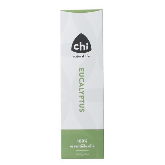 Chi Eucalyptus Wild essential oil in a 100ml bottle, showing a clear glass container with a white cap and eucalyptus oil inside.