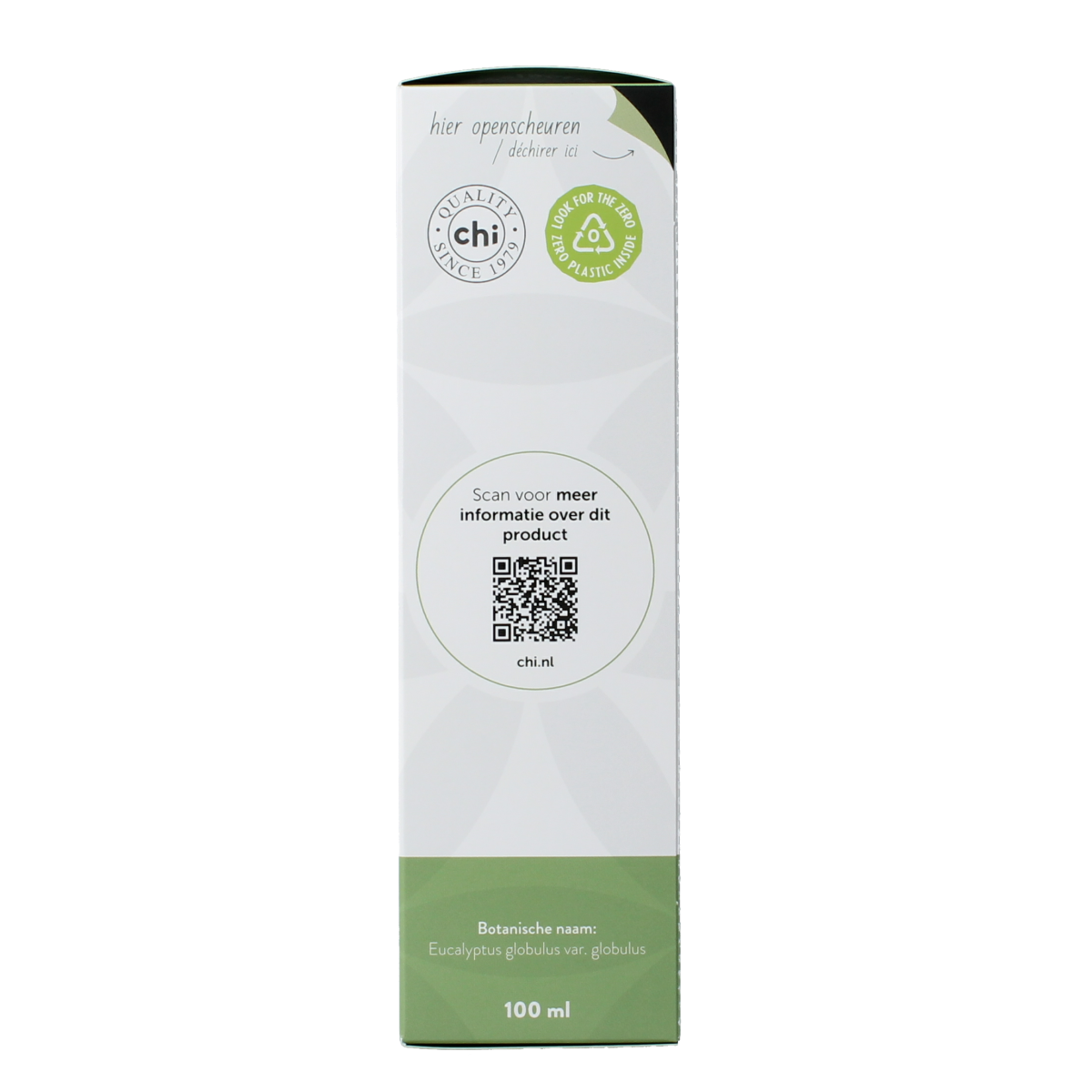 Chi Eucalyptus Wild essential oil in a 100ml bottle, featuring clear glass bottle with eucalyptus leaves and botanical label.