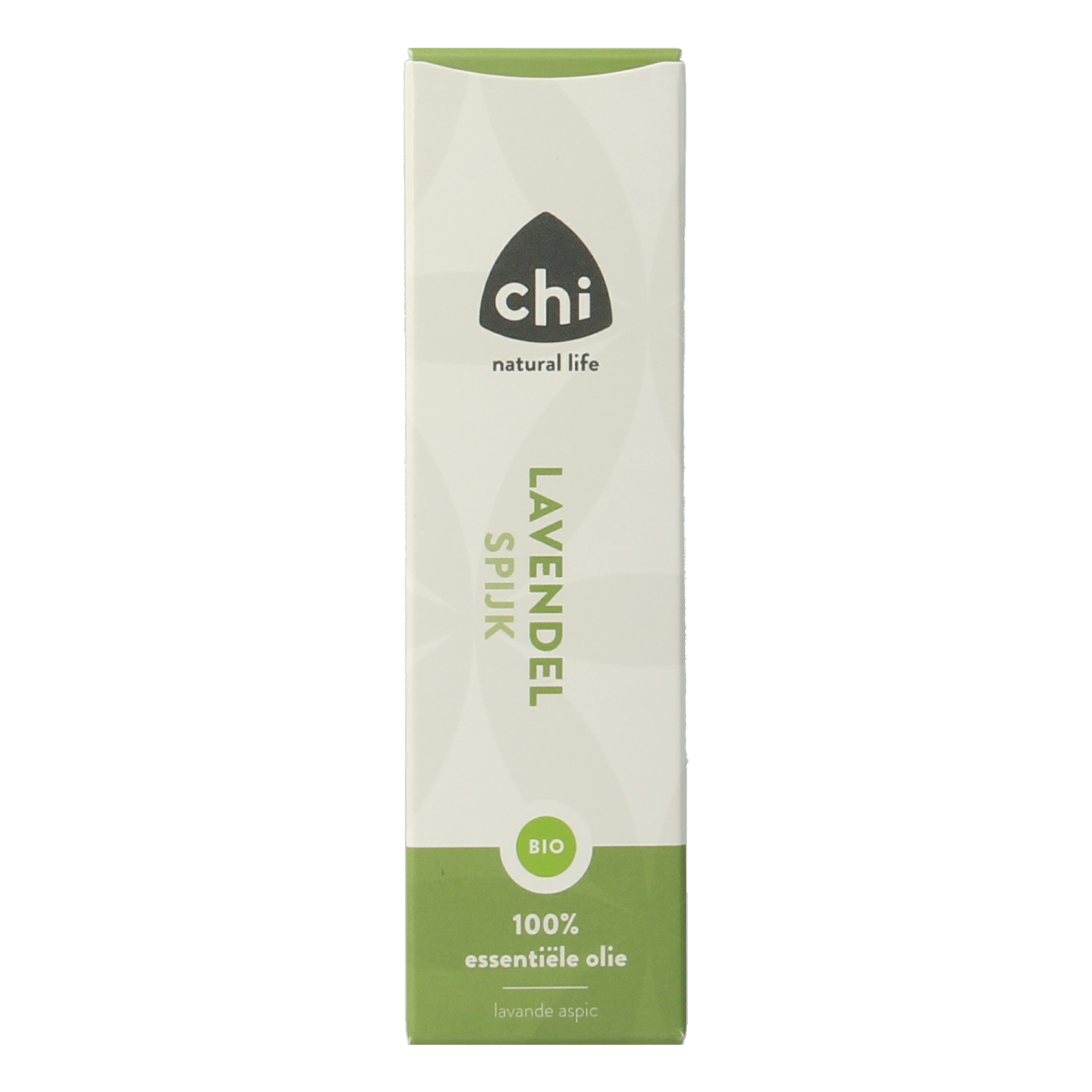 Chi Lavendel bio essential oil bottle, 10ml, with lavender flowers and green cap, showcasing natural, organic aromatherapy product.
