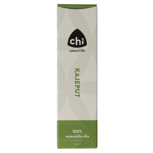 Chi brand Kajeput essential oil in a 10ml bottle, featuring a clear label with product details and a dark amber glass container.