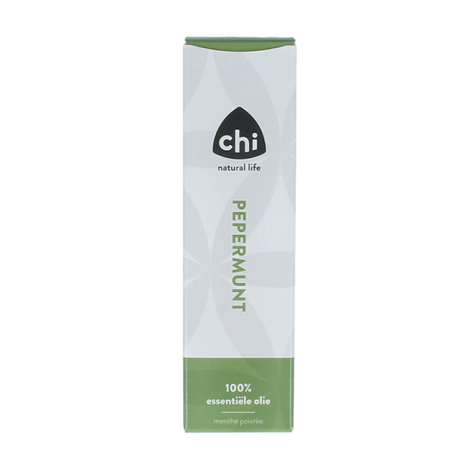 Chi Pepermunt Chinese cultivar essential oil bottle, 10ml, showing the clear glass container and label of the Chi brand.