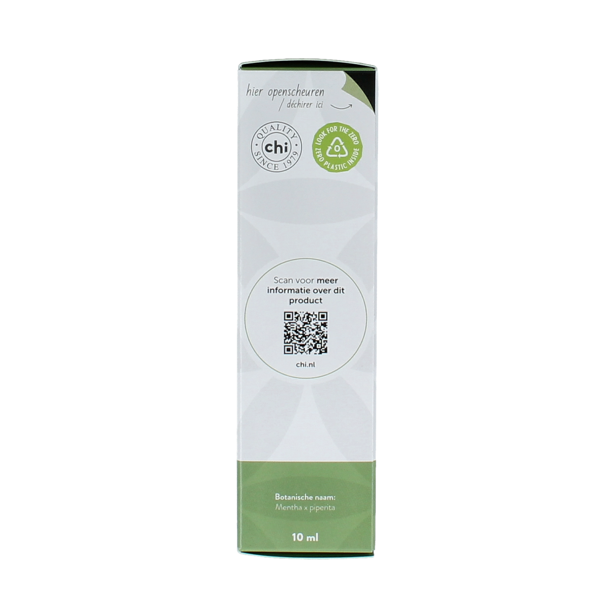 Chi Pepermunt Chinese cultivar essential oil in a 10ml bottle showing the label and clear glass container.