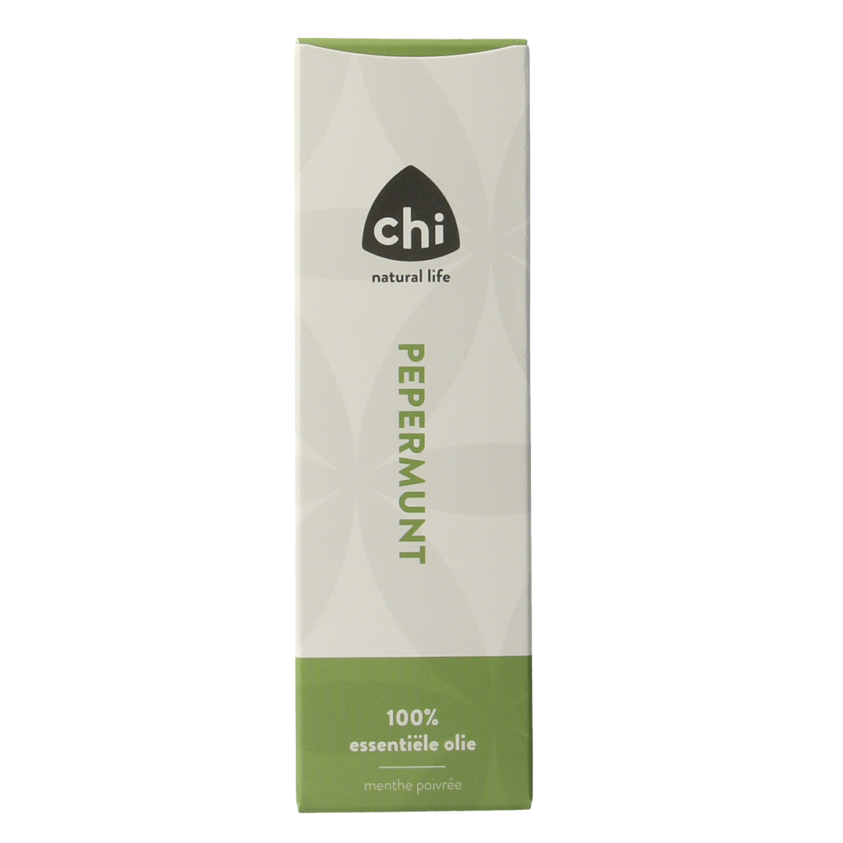 Chi Pepermunt Chinese cult essential oil bottle, 20ml, with fresh peppermint leaves and herbal packaging visible.