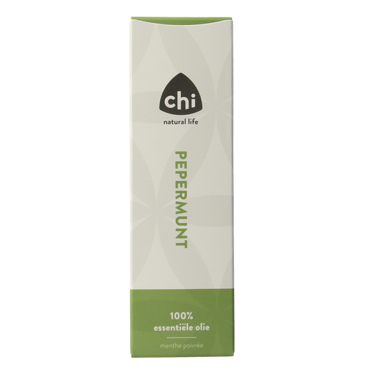 Chi Pepermunt Chinese cult essential oil bottle, 20ml, with fresh peppermint leaves and herbal packaging visible.