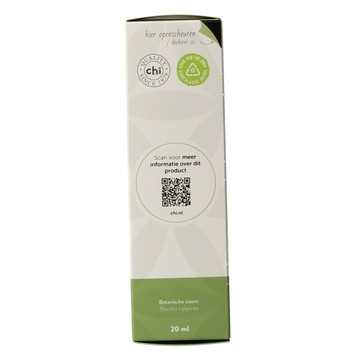Chi Pepermunt Chinese cult essential oil in 20ml bottle, featuring fresh mint leaves and a clear glass container.