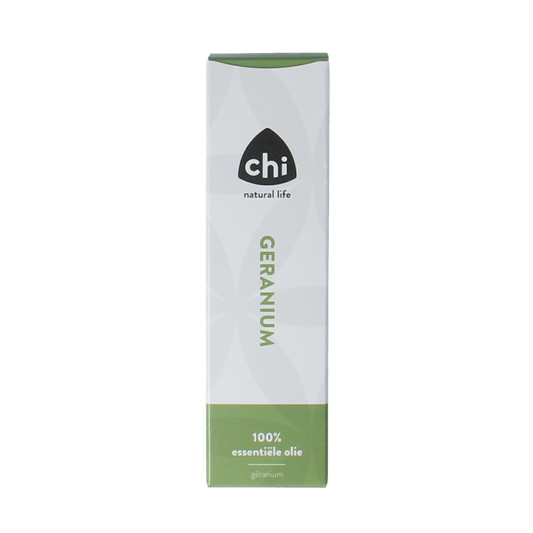 Chi Geranium Egypte essential oil in a 10ml bottle, showcasing the clear liquid and packaging of the etherische oliën product.