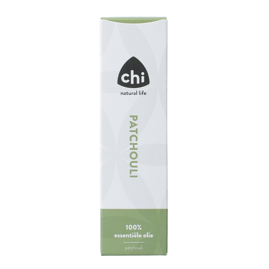 Chi Patchouli cultivar essential oil in a 10ml bottle, showing the amber glass container and product label.