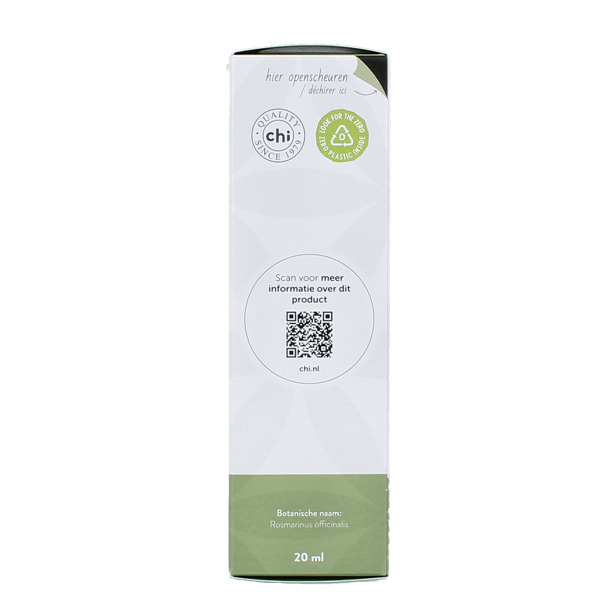 Chi Rozemarijn and kamfer essential oils in a 20ml bottle, with herbal leaves and clear packaging showing the product.