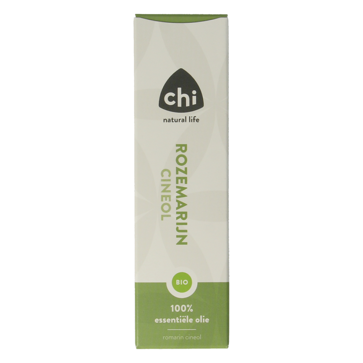 Chi Rozemarijn cineol bio essential oil in a 10ml bottle, with fresh rosemary sprigs and a dropper for aromatic use.