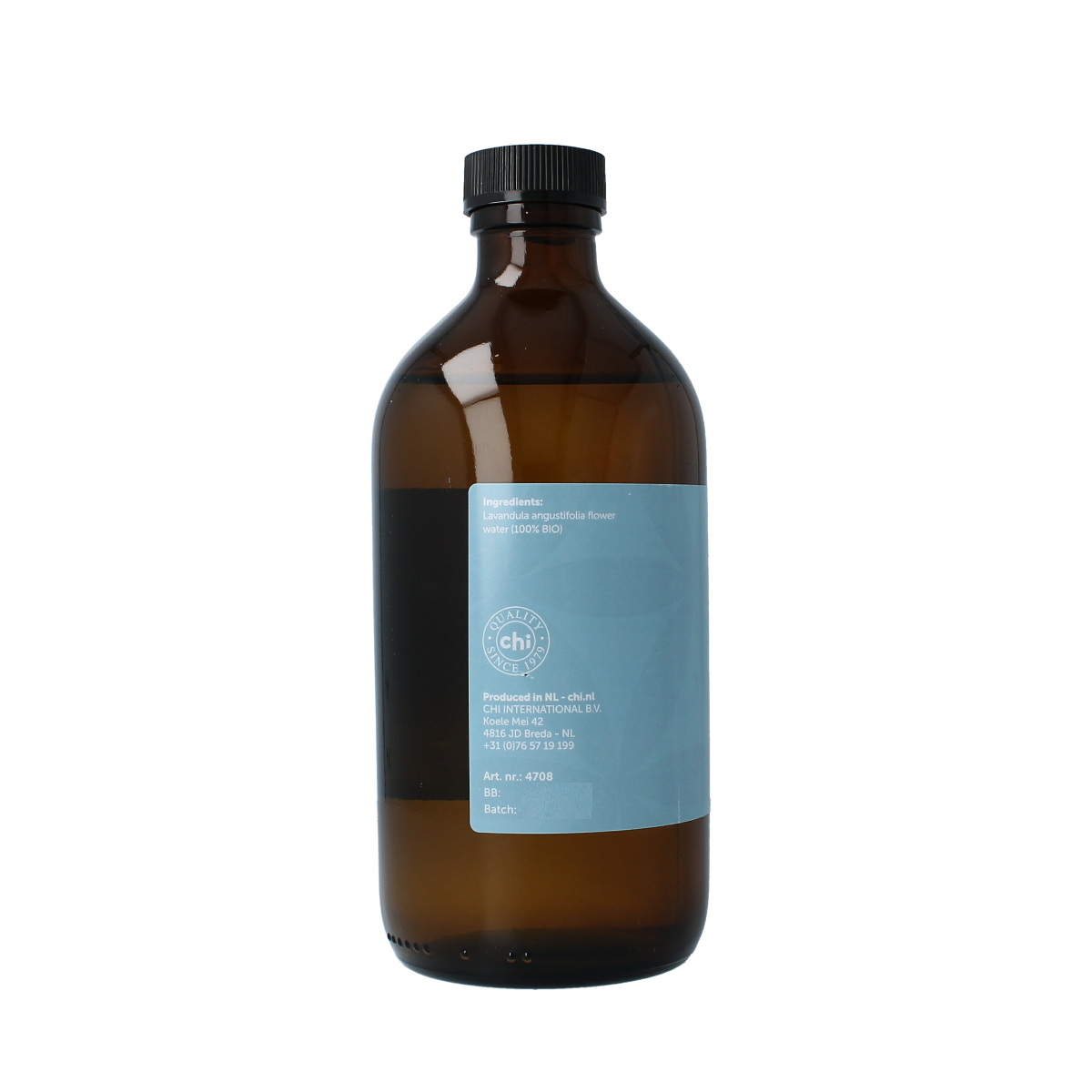 Chi Lavendel hydrolaat bio 500ml, natural lavender water bottle for body care, with a clear spray nozzle and lavender label.