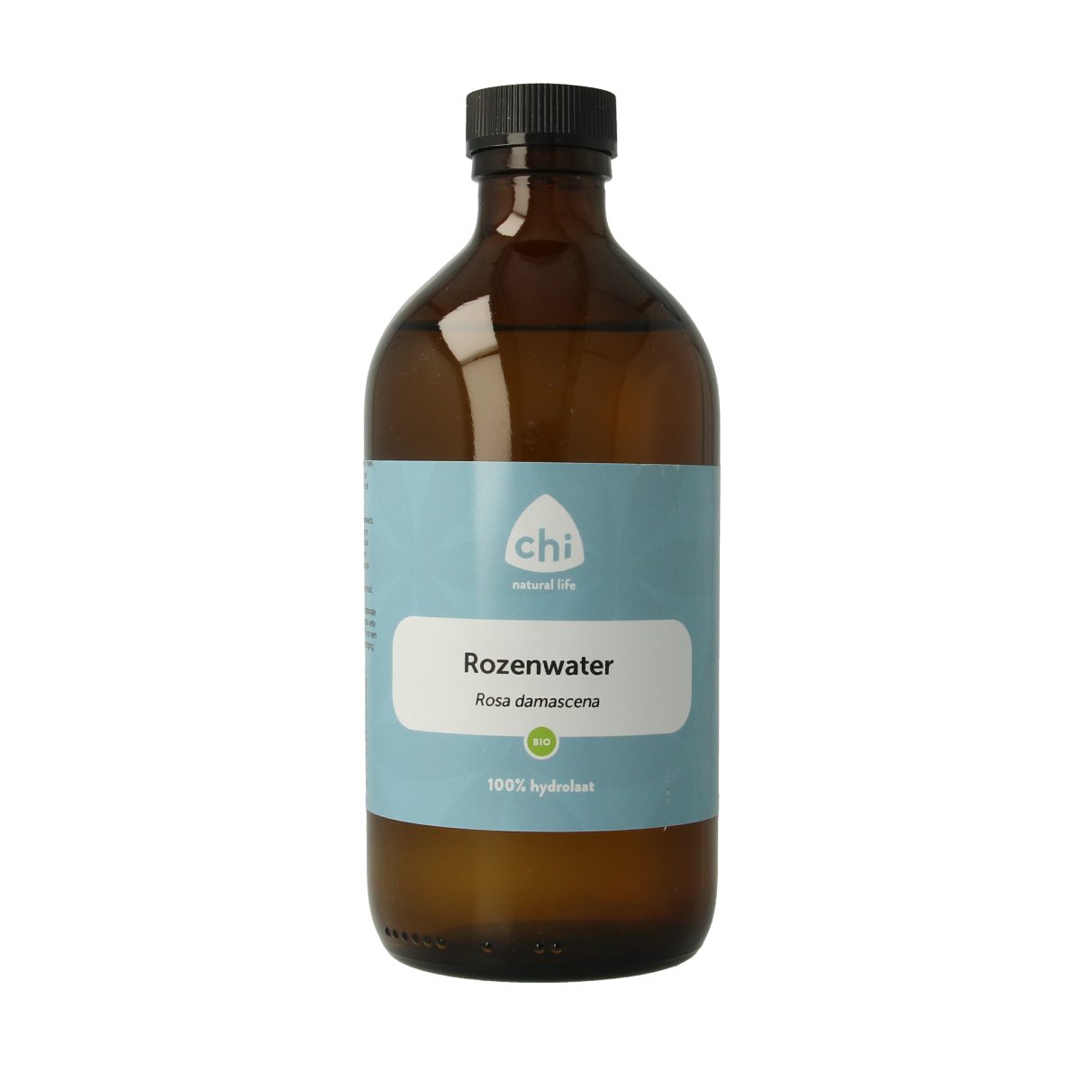 Chi Roos hydrolaat bio facial spray bottle, 500ml, natural skincare product from Chi with rose hydrosol in a clear spray bottle.