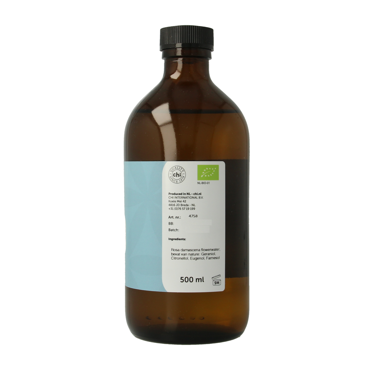 Chi Roos hydrolaat bio facial mist in a 500ml spray bottle, natural skincare product from Chi with a rose scent.