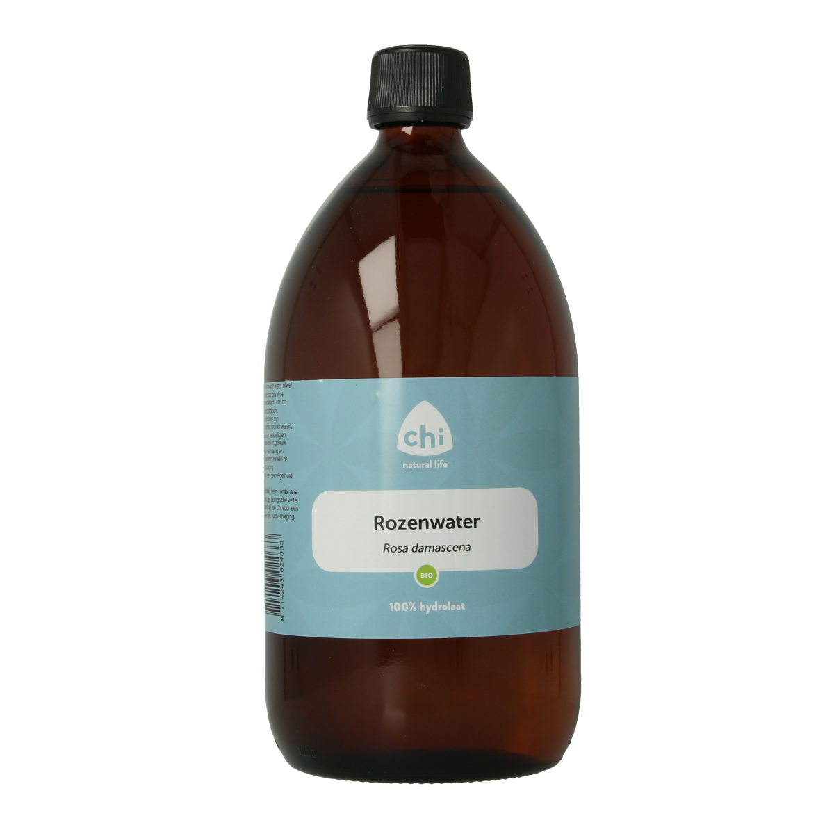 Chi Roos hydrolaat rozenwater 1 liter, gezichtsverzorging spray with natural rose water in a clear bottle, ideal for skincare.