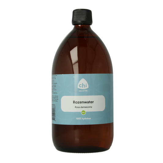 Chi Roos hydrolaat rozenwater bio, 1 liter, natural facial skincare product with rosewater in a clear bottle.