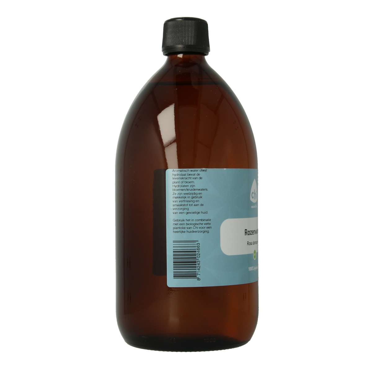 Chi Roos Hydrolaat Rozenwater 1L for facial skincare, fresh rosewater spray in a clear bottle with a white cap.