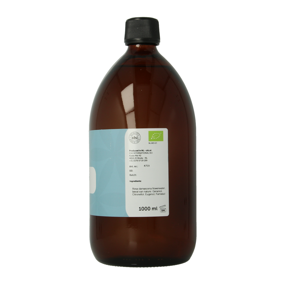 Chi Roos hydrolaat rozenwater 1L for facial skincare, clear glass bottle with rosewater spray, natural floral scent, and gentle hydration.