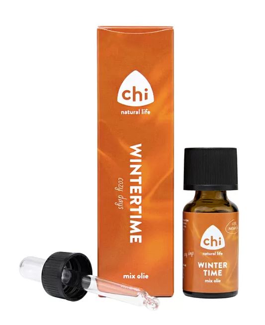 Chi Wintertime 10ml essential oil bottle, featuring natural etherische oliën in a clear glass container with a black cap.