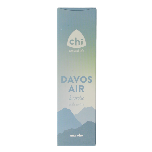 Chi Davos kuurolie 10ml bottle of essential oil, featuring a clear glass container with a white cap and label, on a white background.