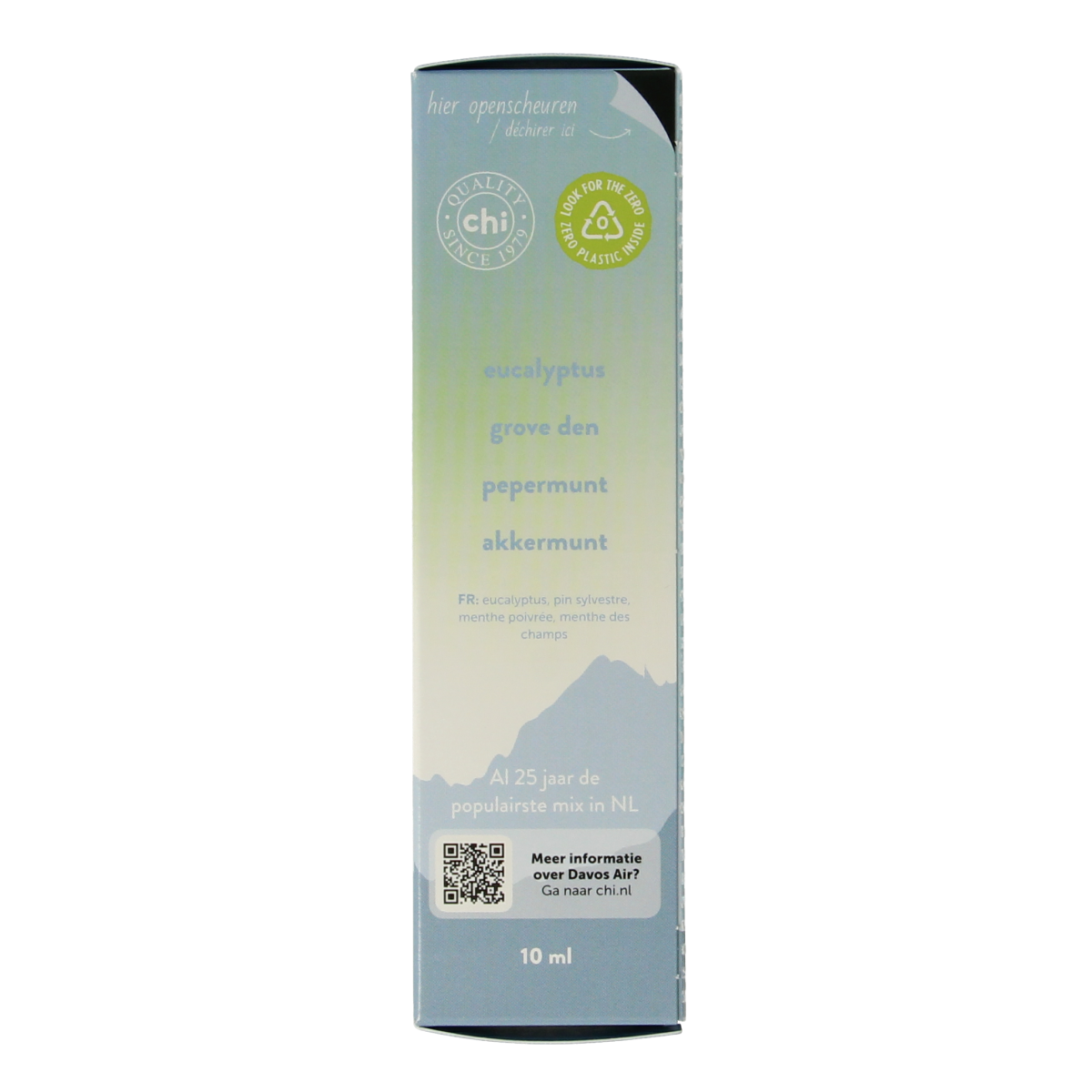 Chi Davos kuurolie essential oil bottle, 10ml, with dark amber glass and white cap, showcasing natural aromatic oil.