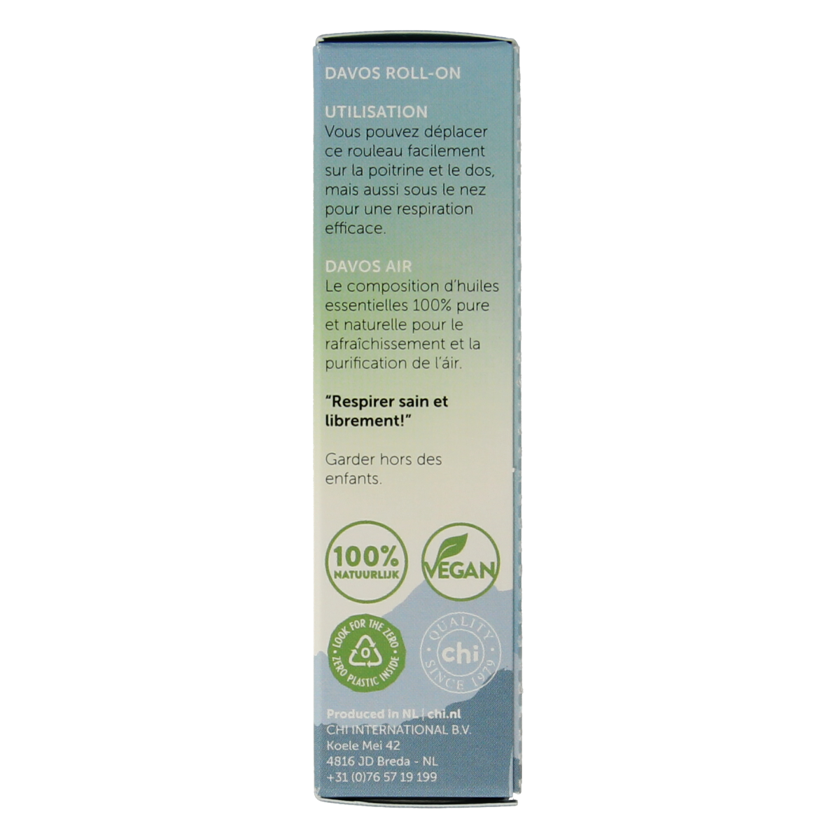 Chi Davos kuurolie roller with 10ml of essential oil, featuring a convenient roller applicator and natural herbal scent.