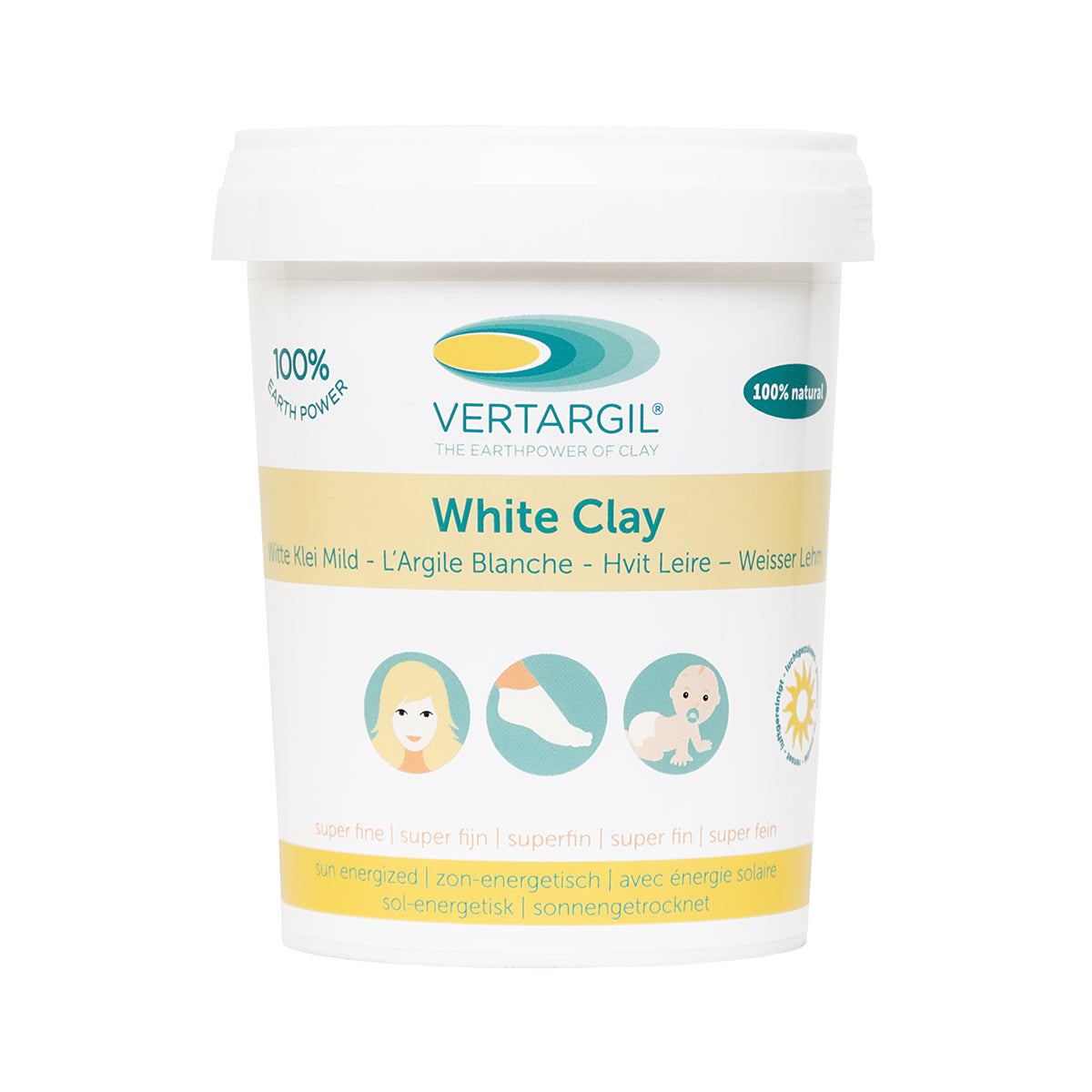 Vertargil witte leem klei uitwendig voor lichaamsverzorging, 250 gram, natural clay for skin care, shown in the image.