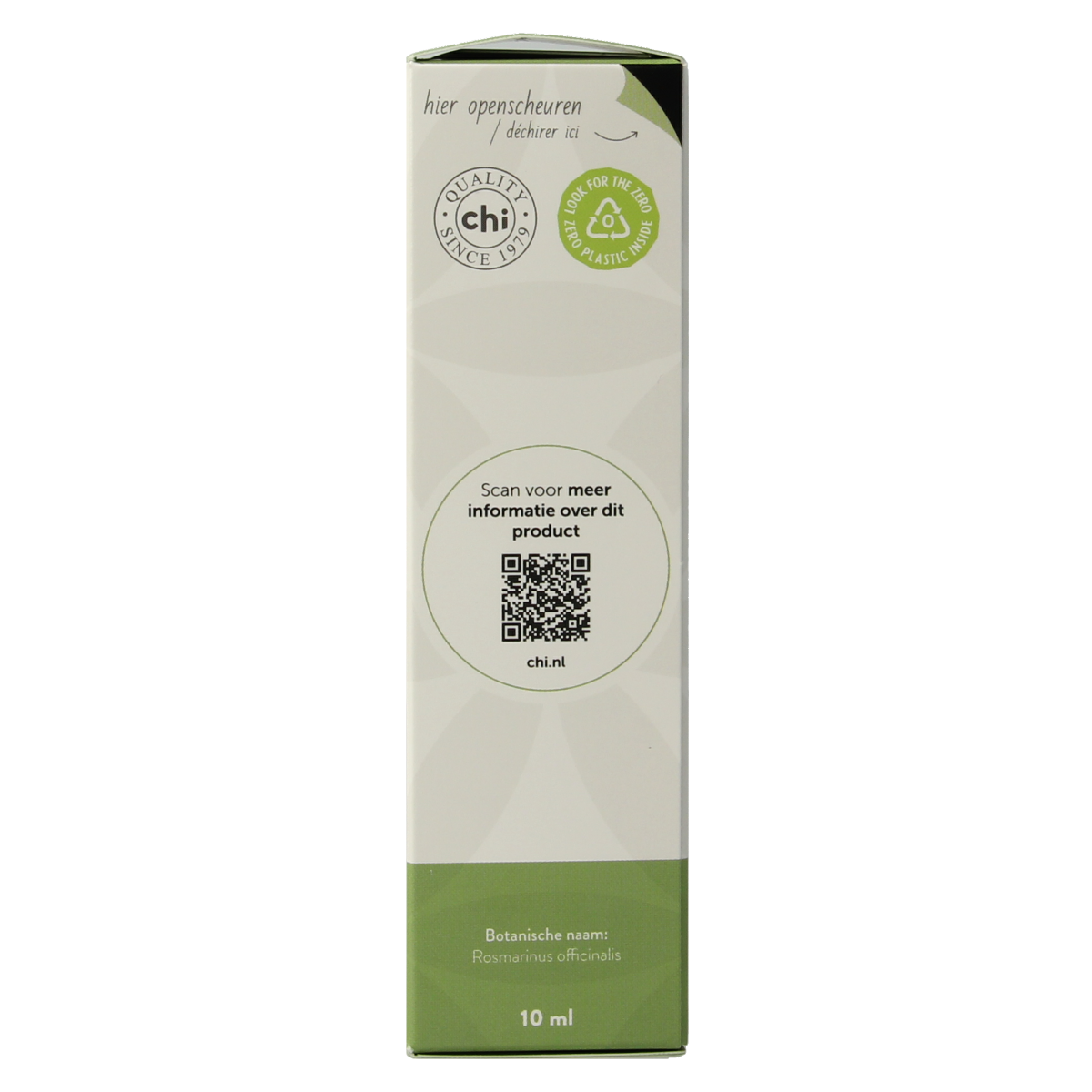 Chi Rozemarijn kamfer organic essential oil in 10ml bottle, featuring a clear glass container with a white cap and label.