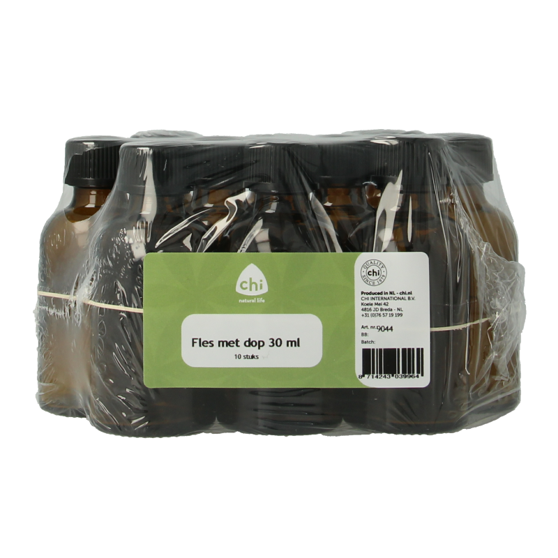 Set of 10 Chi 30ml glass bottles with caps, ideal for packaging liquids, made of durable glass with secure screw caps.