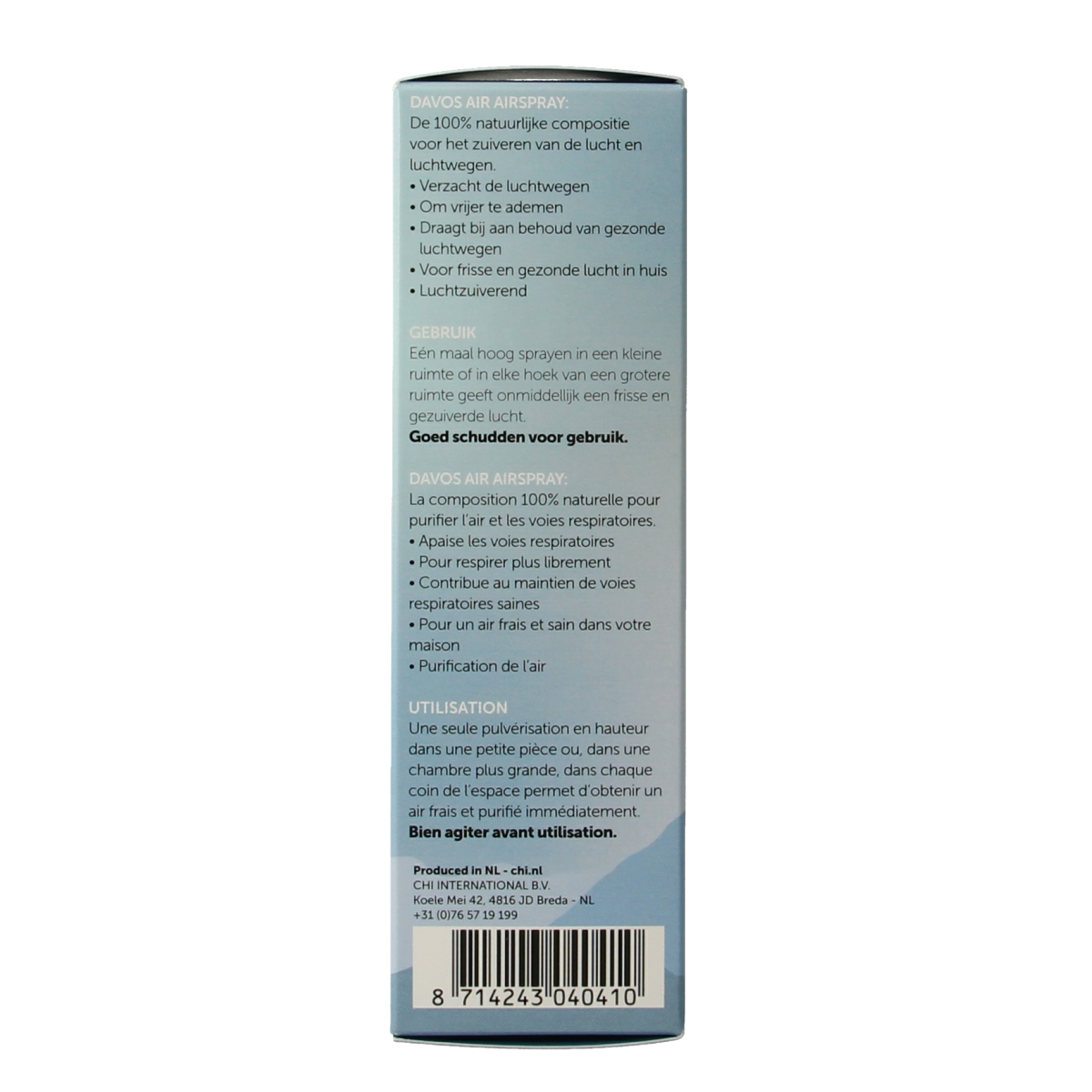 Chi Davos airspray huisparfum bottle, 50ml, with elegant packaging and a sleek design for freshening indoor spaces.