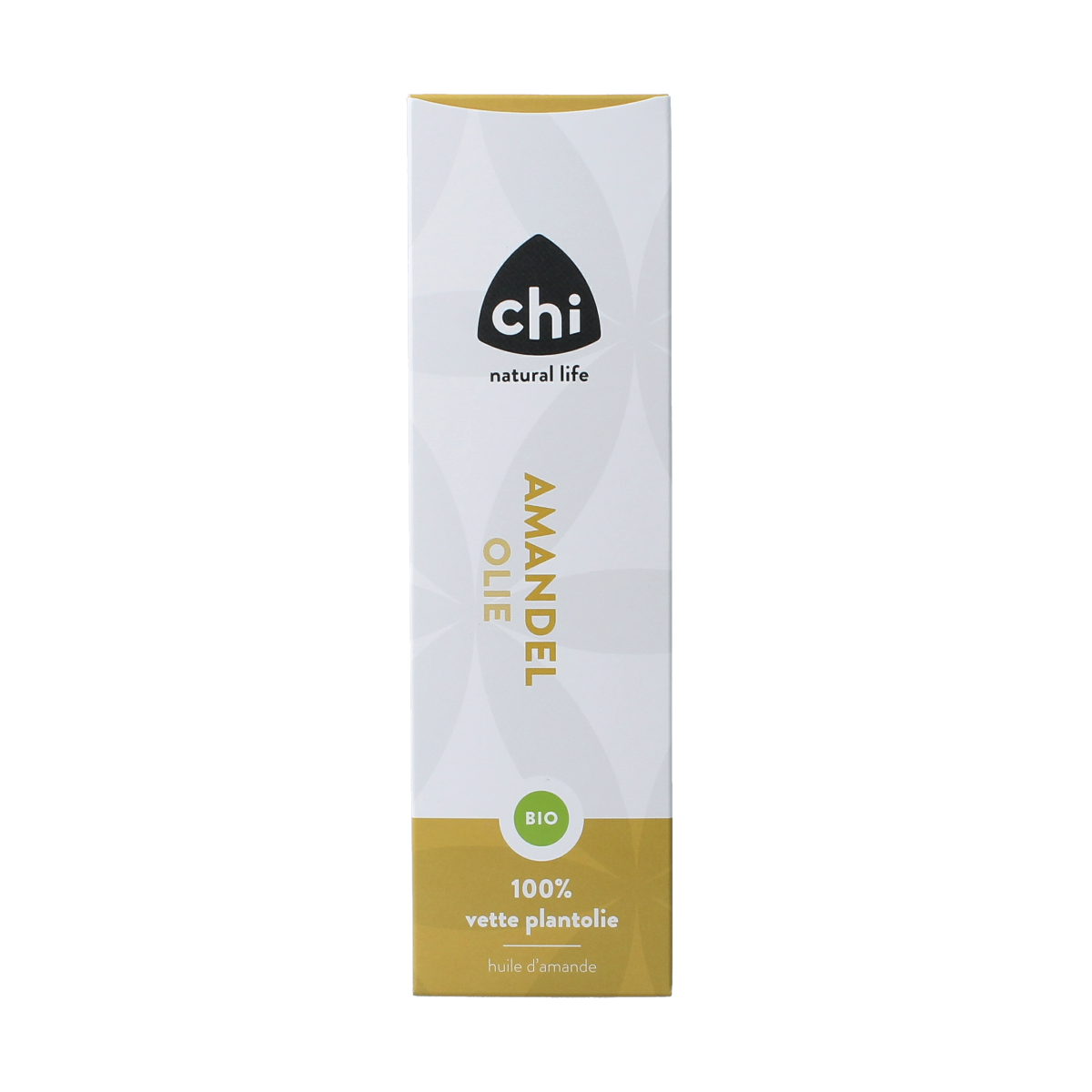 Chi organic almond oil in a 100ml bottle, natural body care product, with a clear label and golden oil inside.